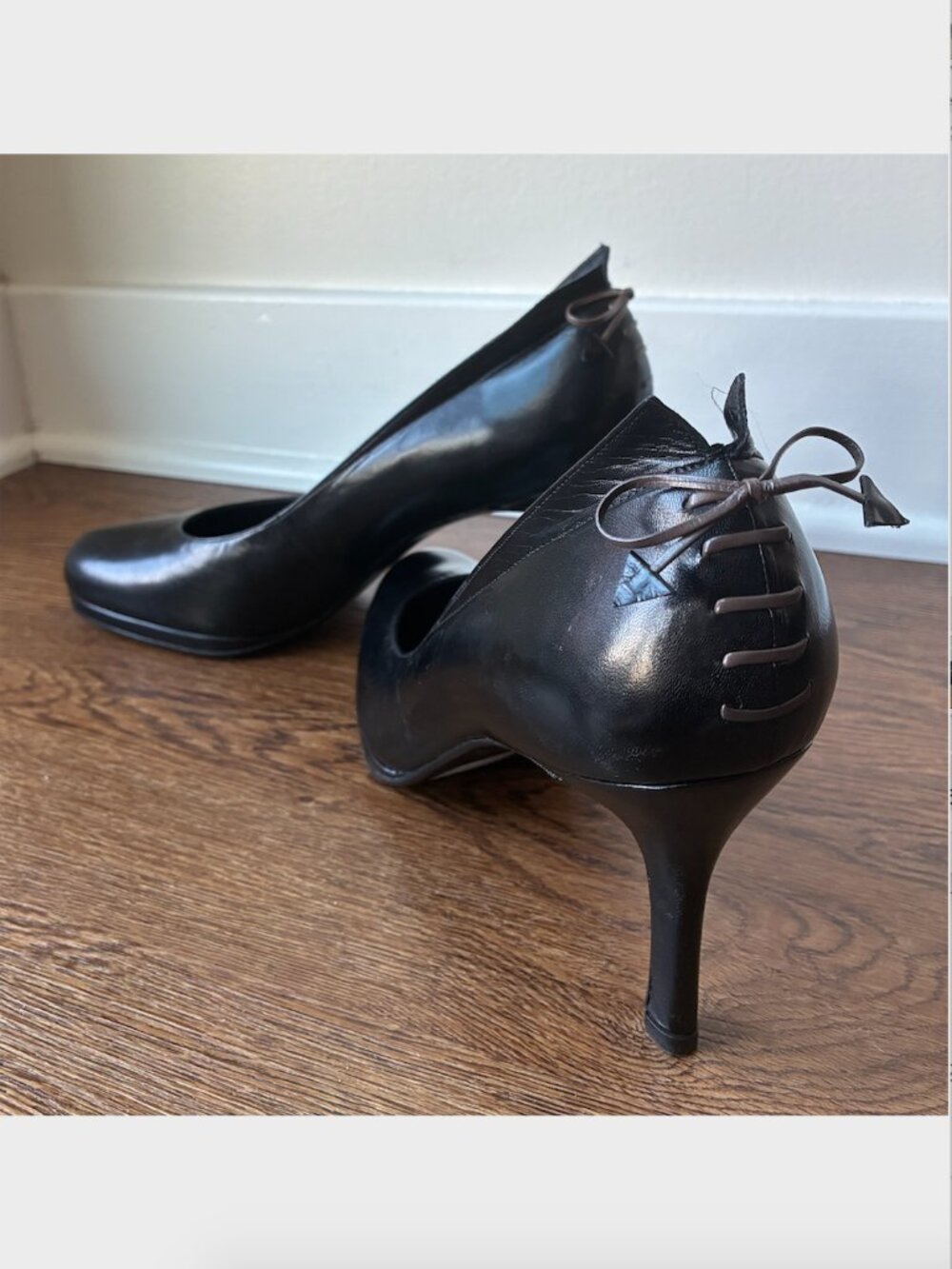 Stuart Weitzman Black Leather Heels w/ Lace-Up Heel Detail - Size 10